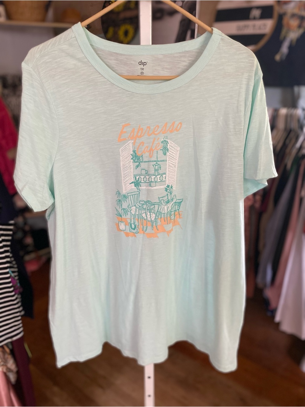 dip Mint Short Sleeve Tee with Peach Espresso Café Graphic